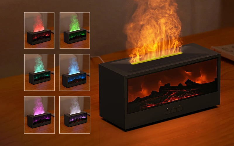 Fire-effect humidifier with LED light &amp; remote control – 300 ml aroma diffuser