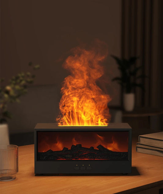 Fire-effect humidifier with LED light &amp; remote control – 300 ml aroma diffuser