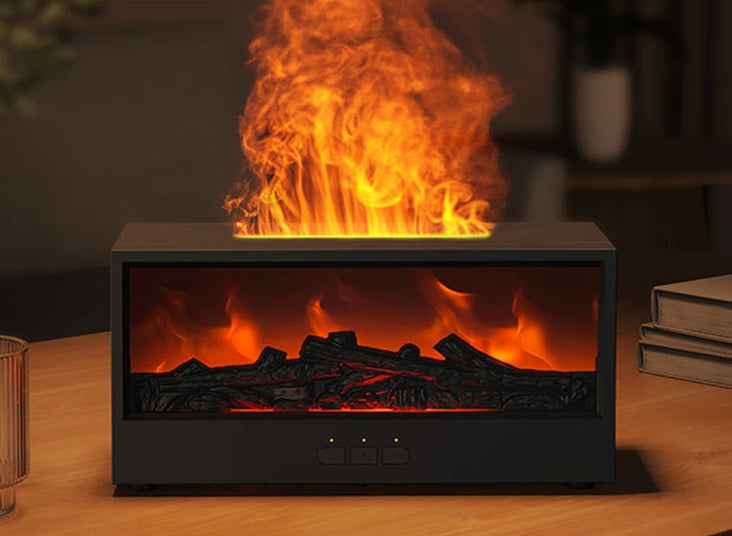 Fire-effect humidifier with LED light &amp; remote control – 300 ml aroma diffuser